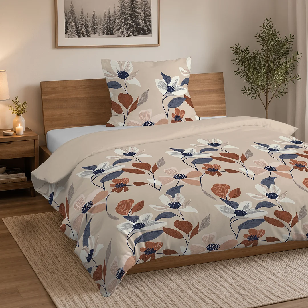 Pościel flanelowa 160x200 beżowa w kwiaty i liście - 6039 A - Flanela 2026 — zdjęcie 4