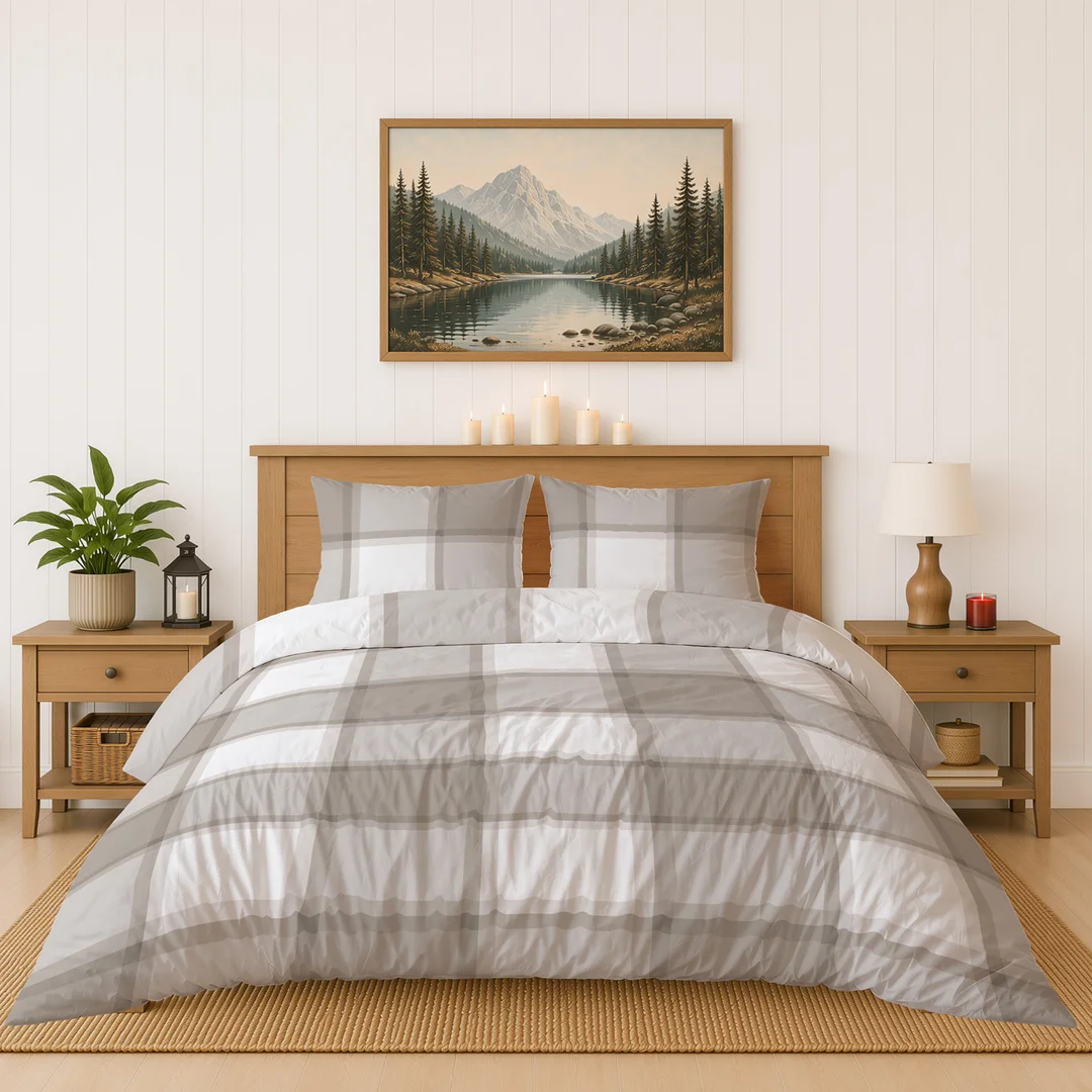 Pościel flanelowa 160x200 biała beżowa w dużą kratę - 6049 B - Flanela 2026 — zdjęcie 3