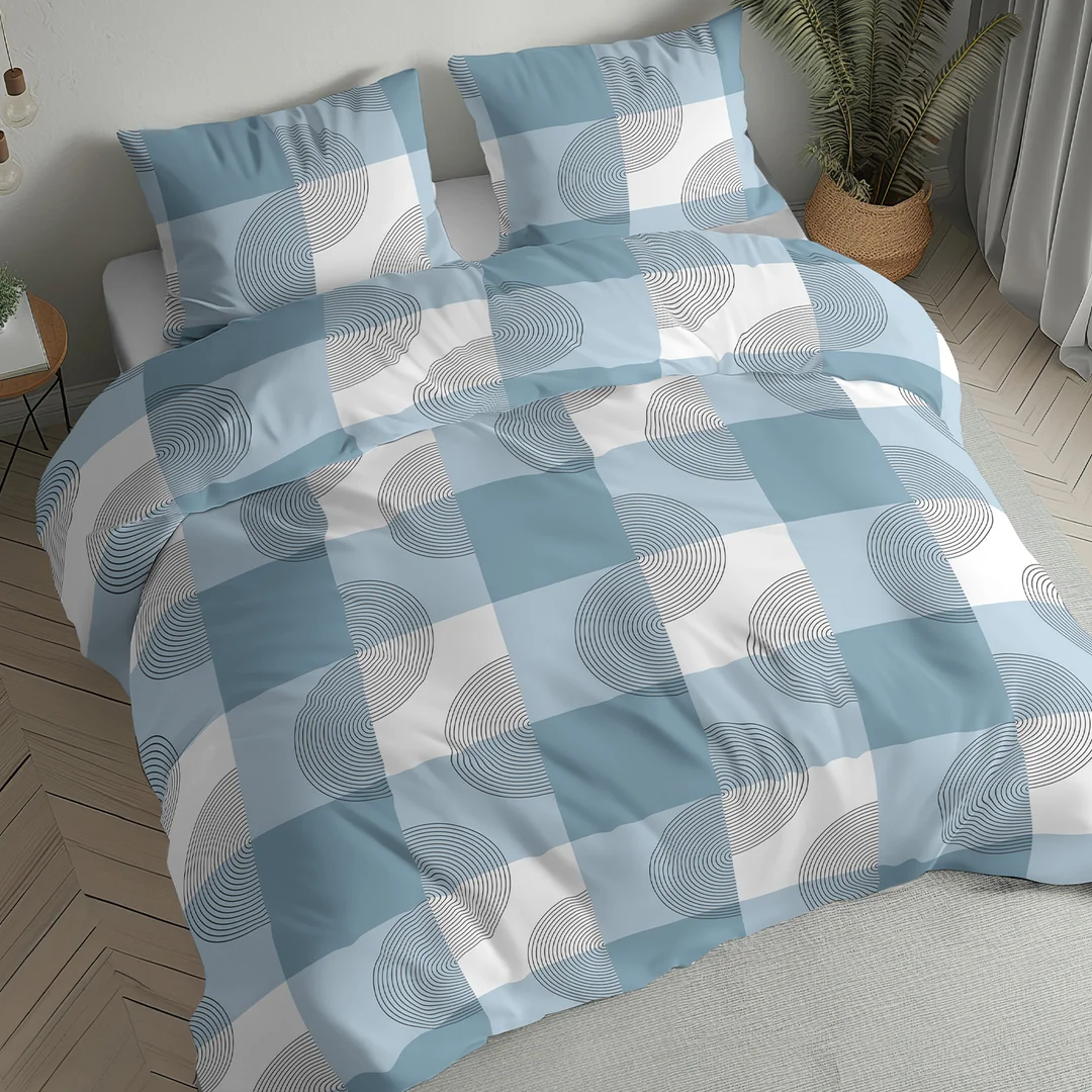 Pościel flanelowa 160x200 biała niebieska w kratę i roślinne ornamenty - 6040 A - Flanela 2026 — zdjęcie 2