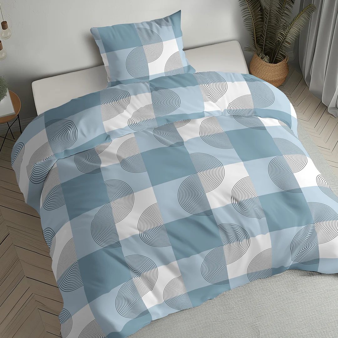Pościel flanelowa 160x200 biała niebieska w kratę i roślinne ornamenty - 6040 A - Flanela 2026 — zdjęcie 5