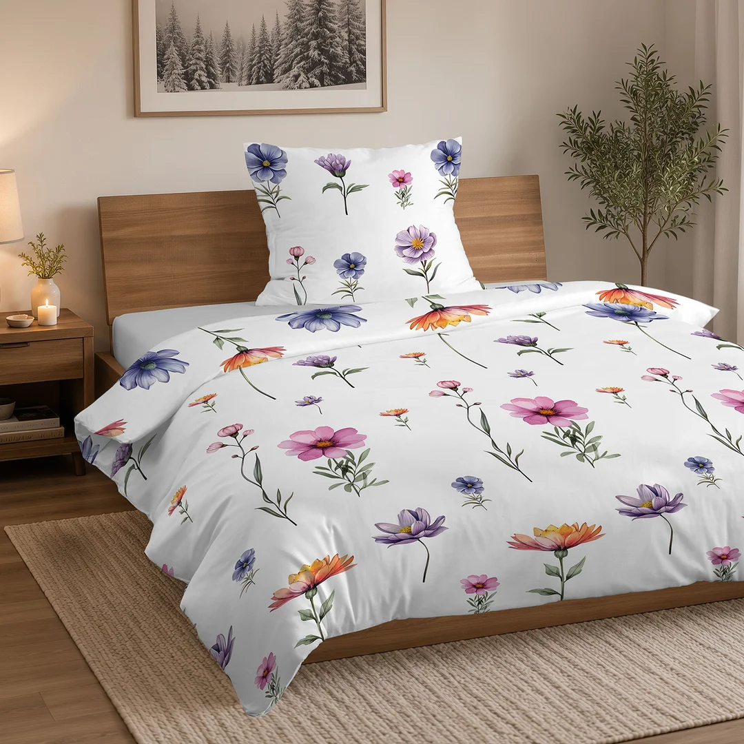 Pościel flanelowa 160x200 biała w kolorowe polne kwiaty - 6044 B - Flanela 2026 — zdjęcie 4