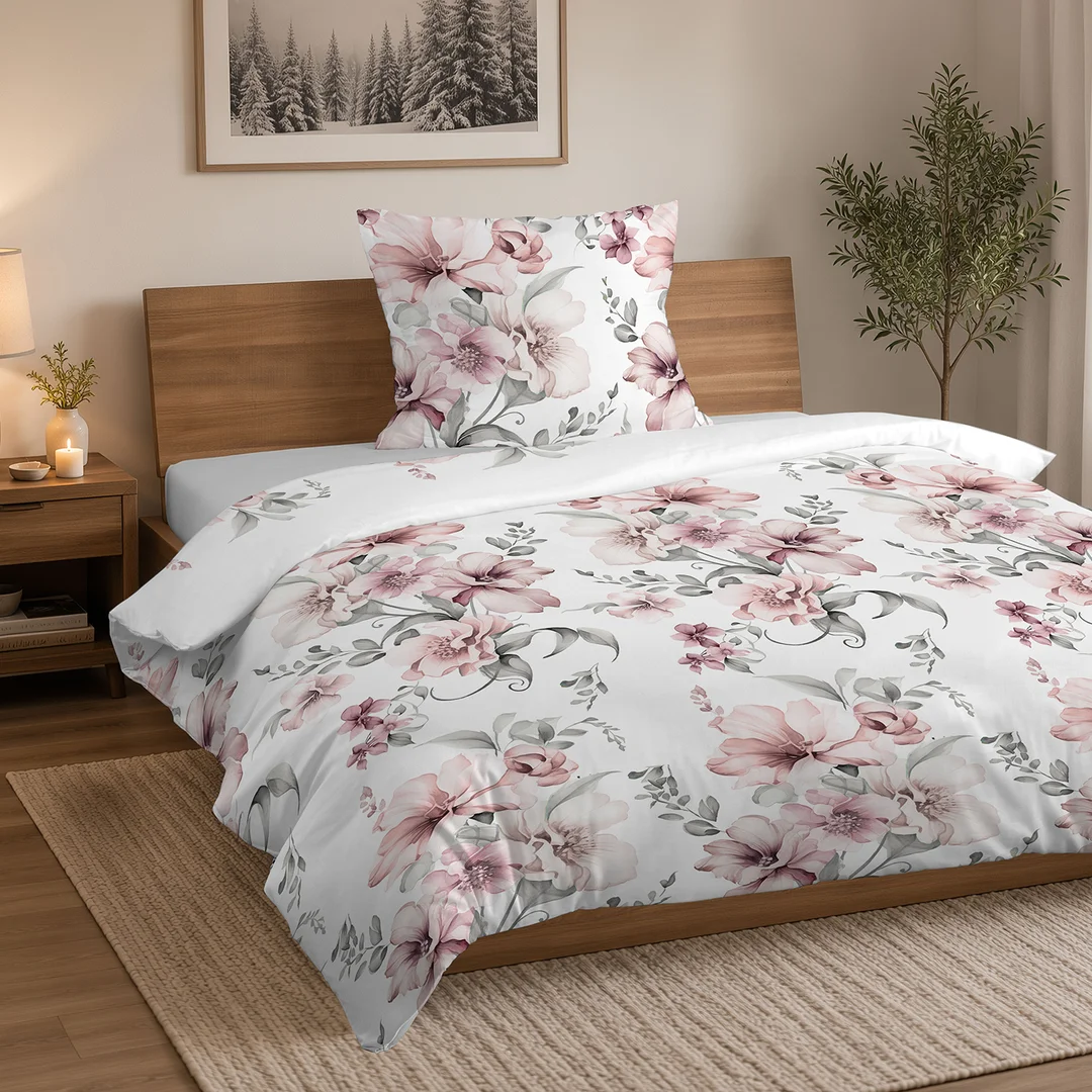 Pościel flanelowa 160x200 biała w pudroworóżowe akwarelowe kwiaty - 6041 B - Flanela 2026 — zdjęcie 4