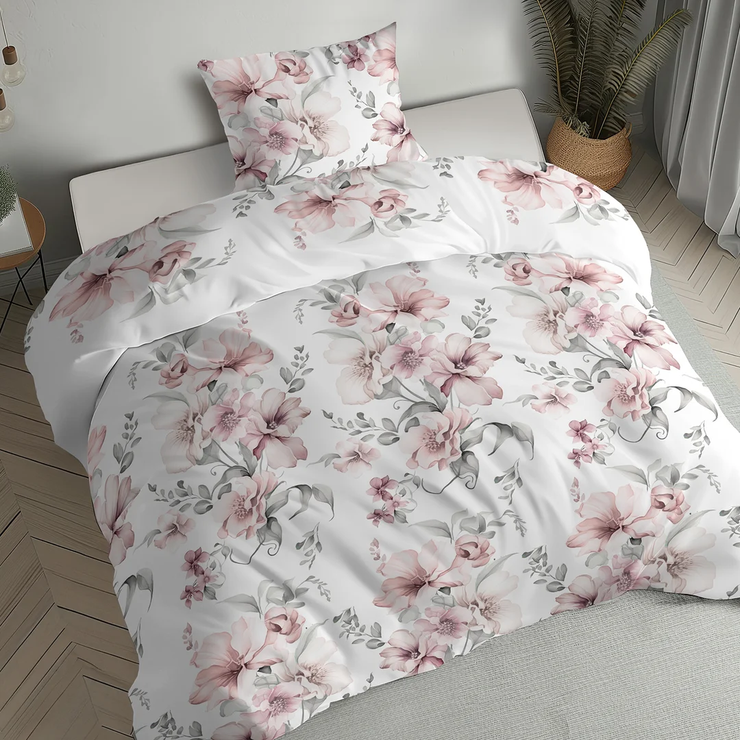 Pościel flanelowa 160x200 biała w pudroworóżowe akwarelowe kwiaty - 6041 B - Flanela 2026 — zdjęcie 5