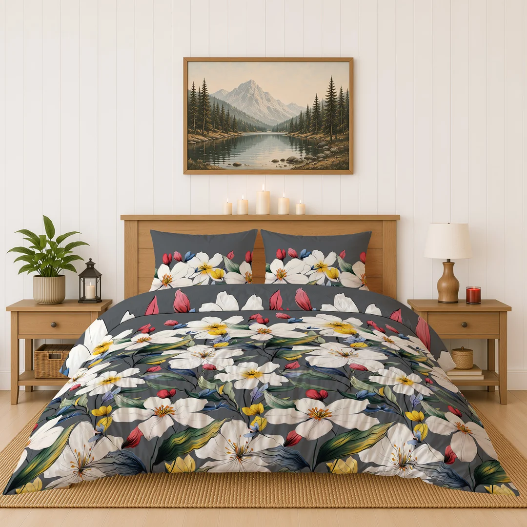 Pościel flanelowa 160x200 grafitowa w białe i żółte kwiaty - 6045 B - Flanela 2026 — zdjęcie 3
