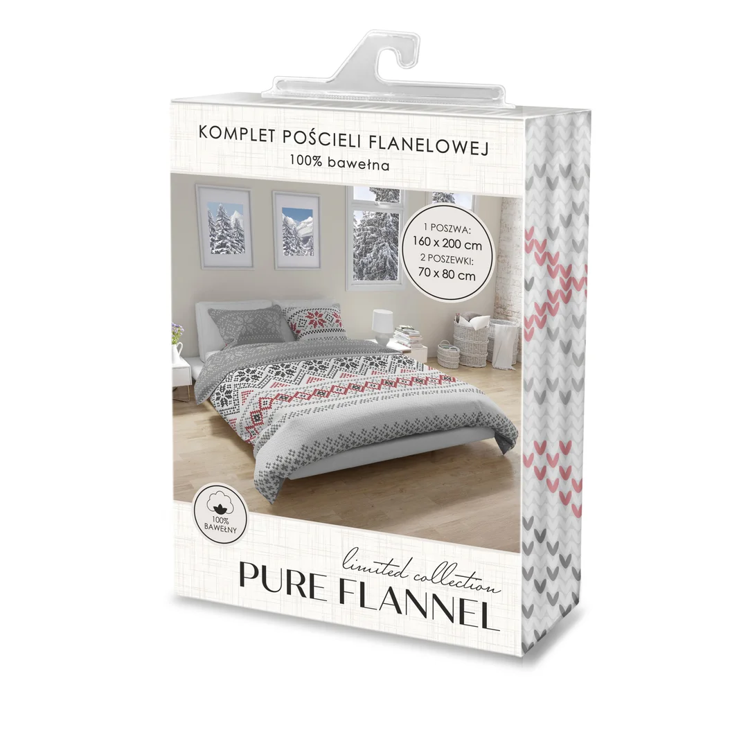 Pościel flanelowa 160x200 Pure Flannel 013 szara czerwona świąteczna Faro — zdjęcie 2