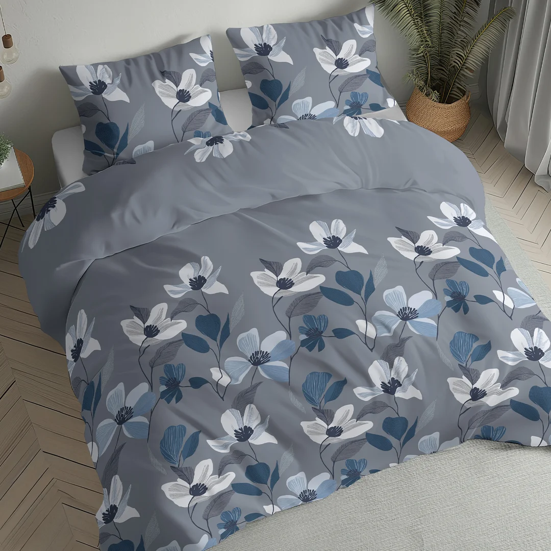 Pościel flanelowa 160x200 szara niebieska w kwiaty i liście - 6039 B - Flanela 2026 — zdjęcie 2