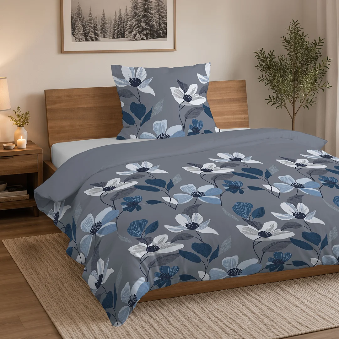 Pościel flanelowa 160x200 szara niebieska w kwiaty i liście - 6039 B - Flanela 2026 — zdjęcie 4