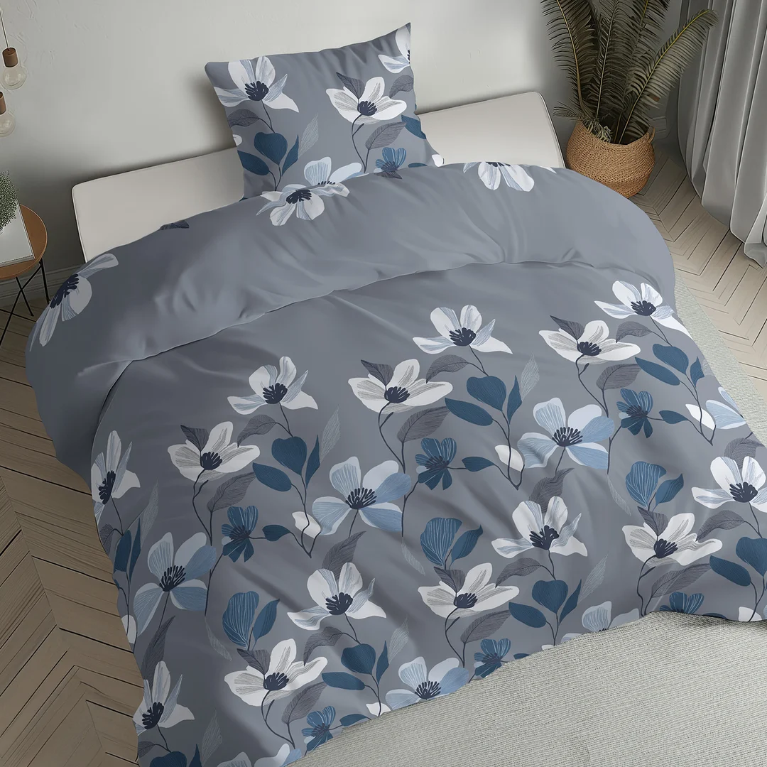 Pościel flanelowa 160x200 szara niebieska w kwiaty i liście - 6039 B - Flanela 2026 — zdjęcie 5