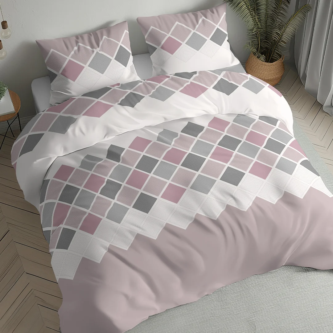 Pościel flanelowa 220x200 beżowa różowa w romby - 6036 B - Flanela 2026 — zdjęcie 2