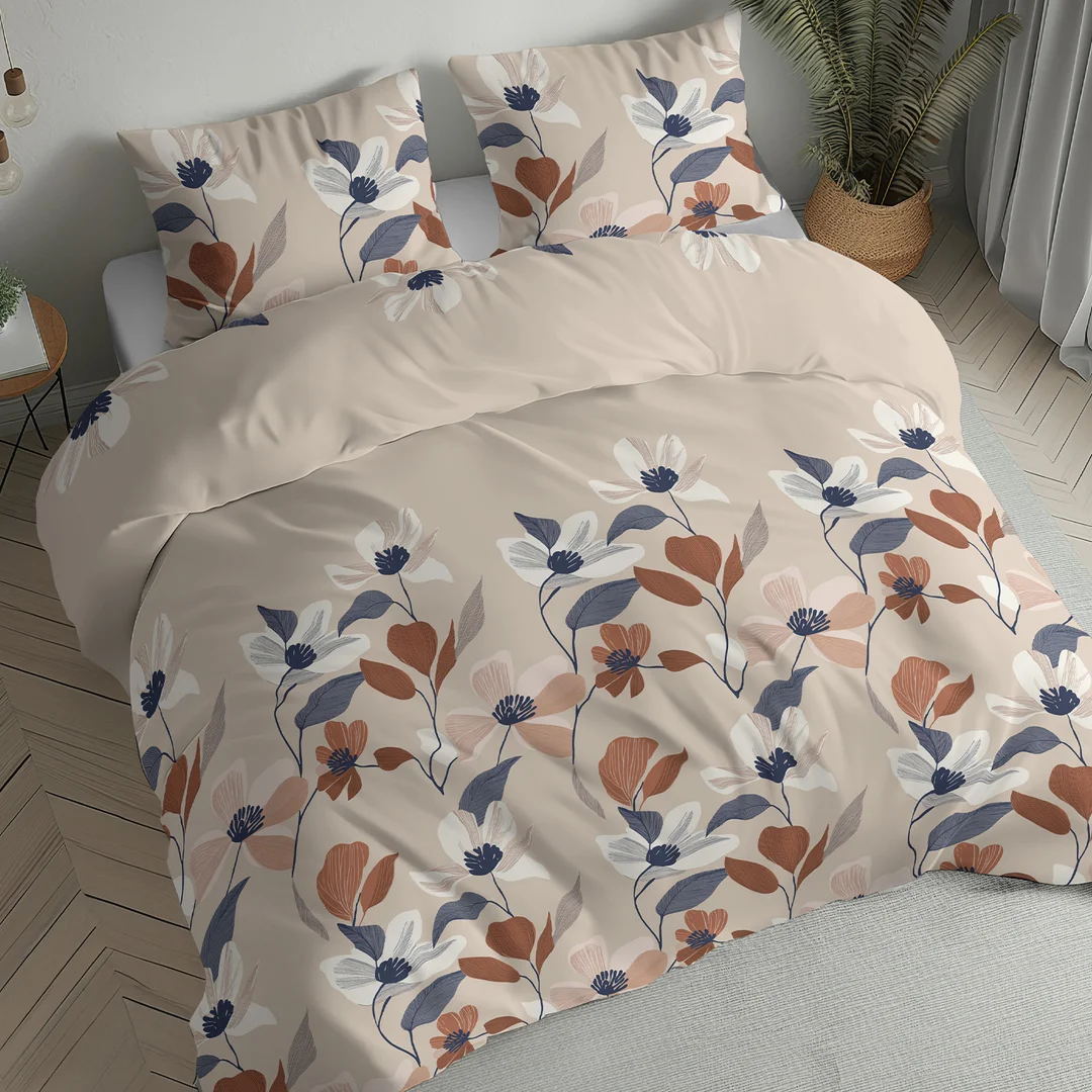 Pościel flanelowa 220x200 beżowa w kwiaty i liście - 6039 A - Flanela 2026 — zdjęcie 2