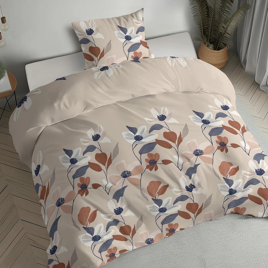 Pościel flanelowa 220x200 beżowa w kwiaty i liście - 6039 A - Flanela 2026 — zdjęcie 5