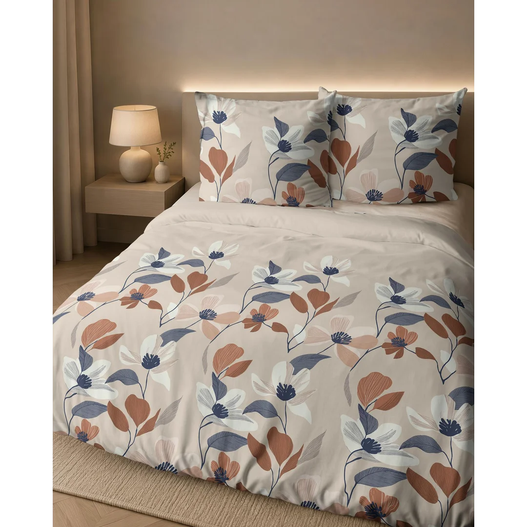 Pościel flanelowa 220x200 beżowa w kwiaty i liście - 6039 A - Flanela 2026 — zdjęcie 7