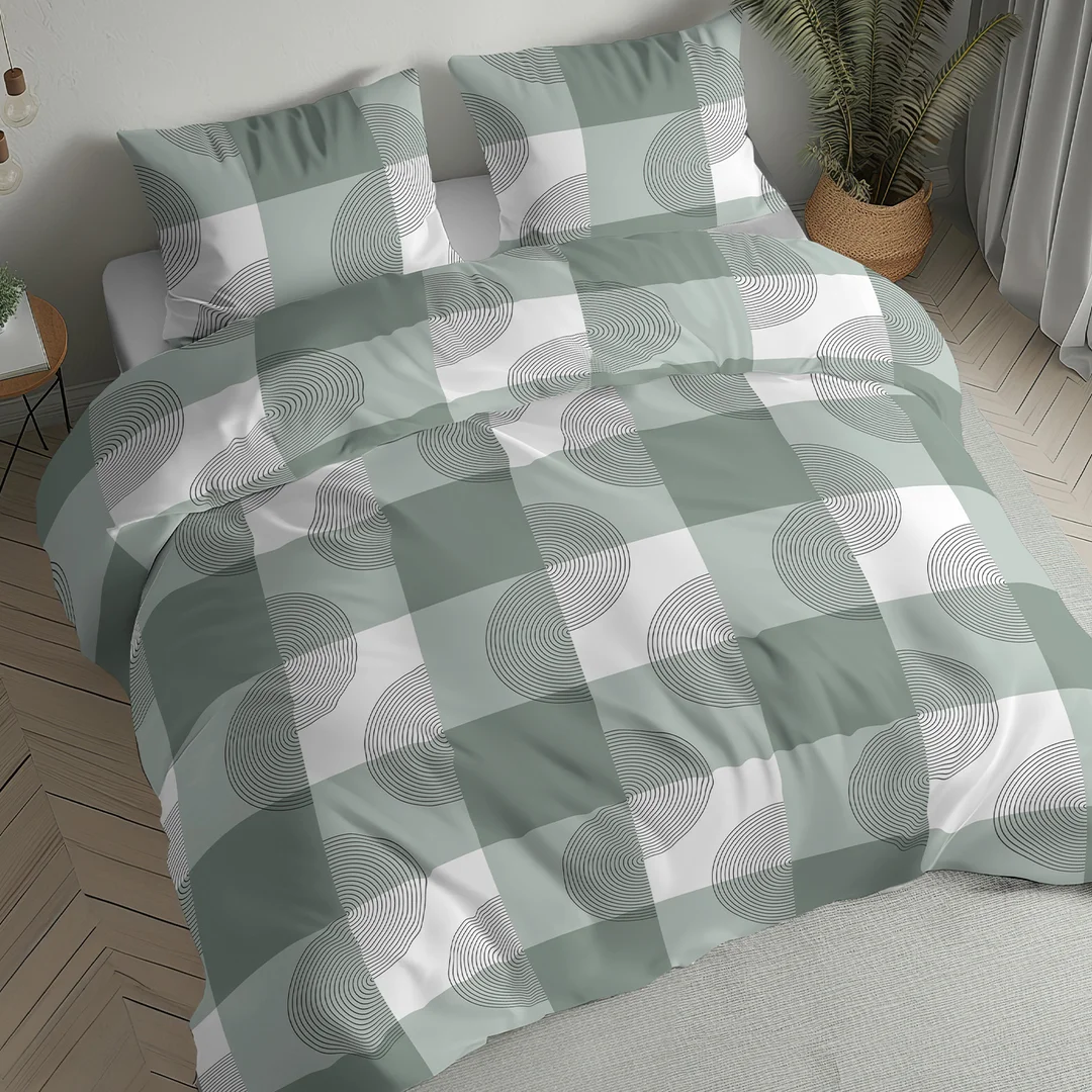 Pościel flanelowa 220x200 biała beżowa w kratę i roślinne ornamenty - 6040 B - Flanela 2026 — zdjęcie 2