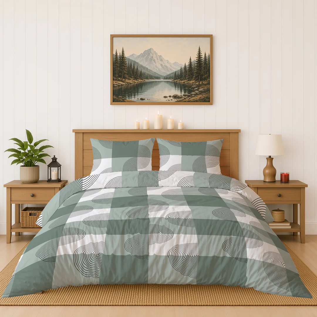 Pościel flanelowa 220x200 biała beżowa w kratę i roślinne ornamenty - 6040 B - Flanela 2026 — zdjęcie 3
