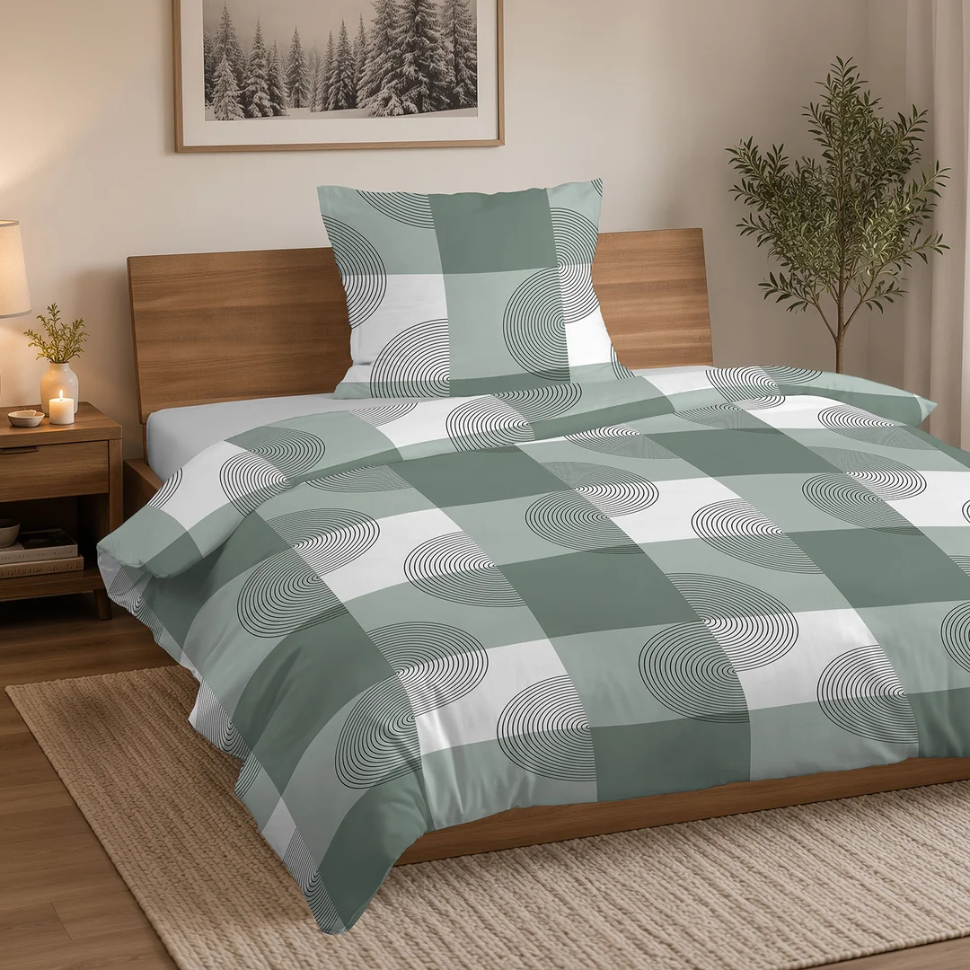 Pościel flanelowa 220x200 biała beżowa w kratę i roślinne ornamenty - 6040 B - Flanela 2026 — zdjęcie 4