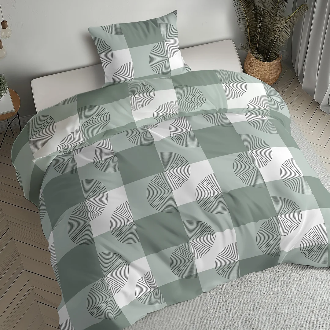 Pościel flanelowa 220x200 biała beżowa w kratę i roślinne ornamenty - 6040 B - Flanela 2026 — zdjęcie 5