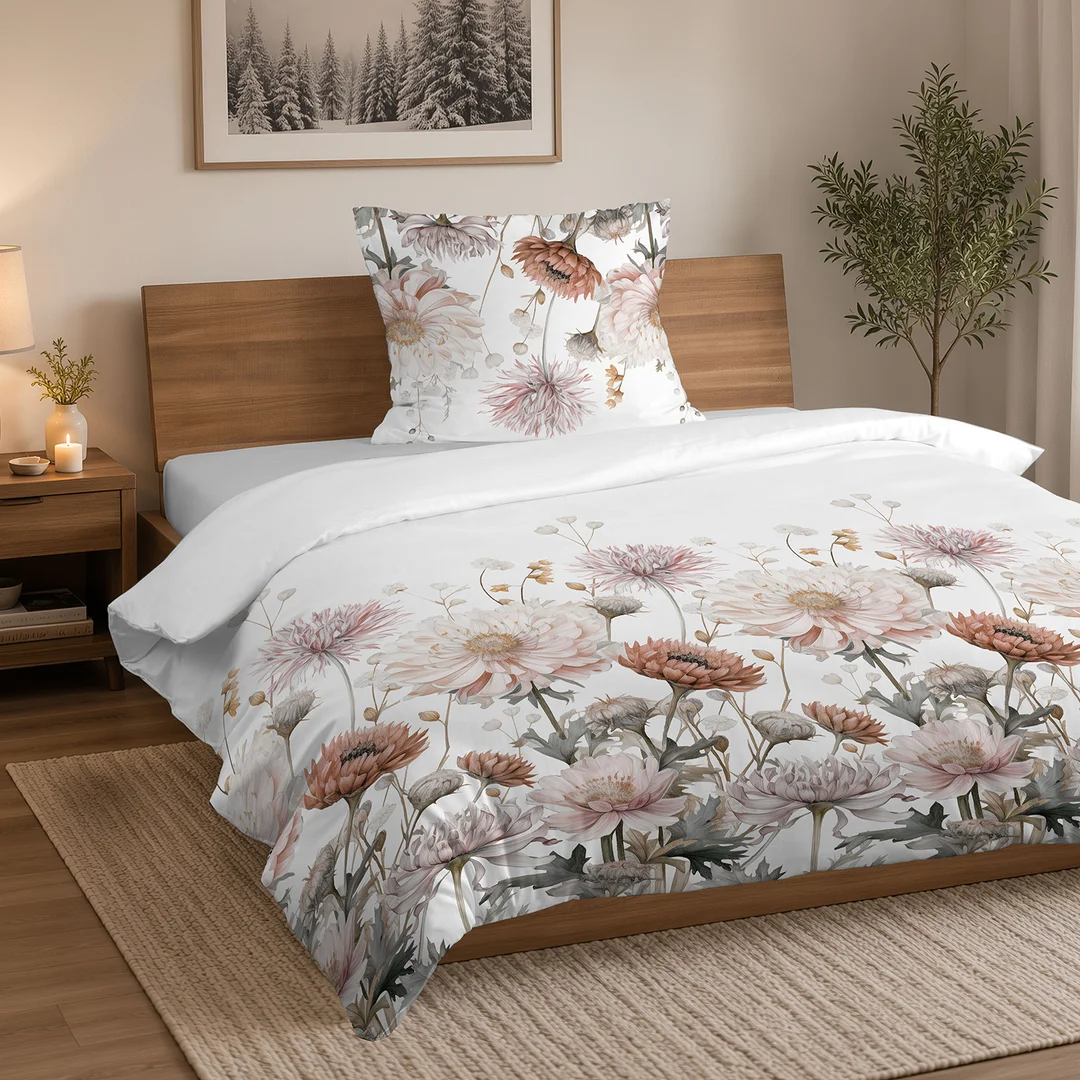 Pościel flanelowa 220x200 biała w beżową różową kwiatową łąkę - 6047 B - Flanela 2026 — zdjęcie 4