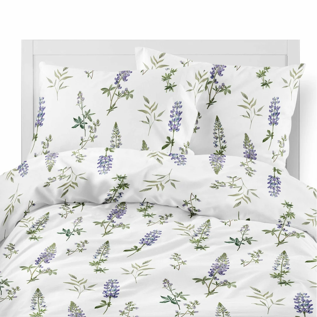 Pościel flanelowa 220x200 biała w fioletowy ciemny łubin - Pastel Flowers - 5628 B — zdjęcie 2
