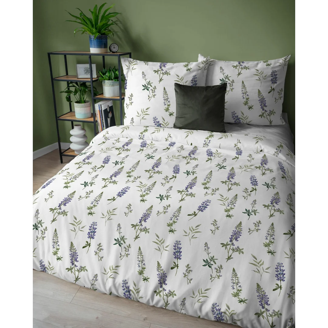 Pościel flanelowa 220x200 biała w fioletowy ciemny łubin - Pastel Flowers - 5628 B — zdjęcie 3