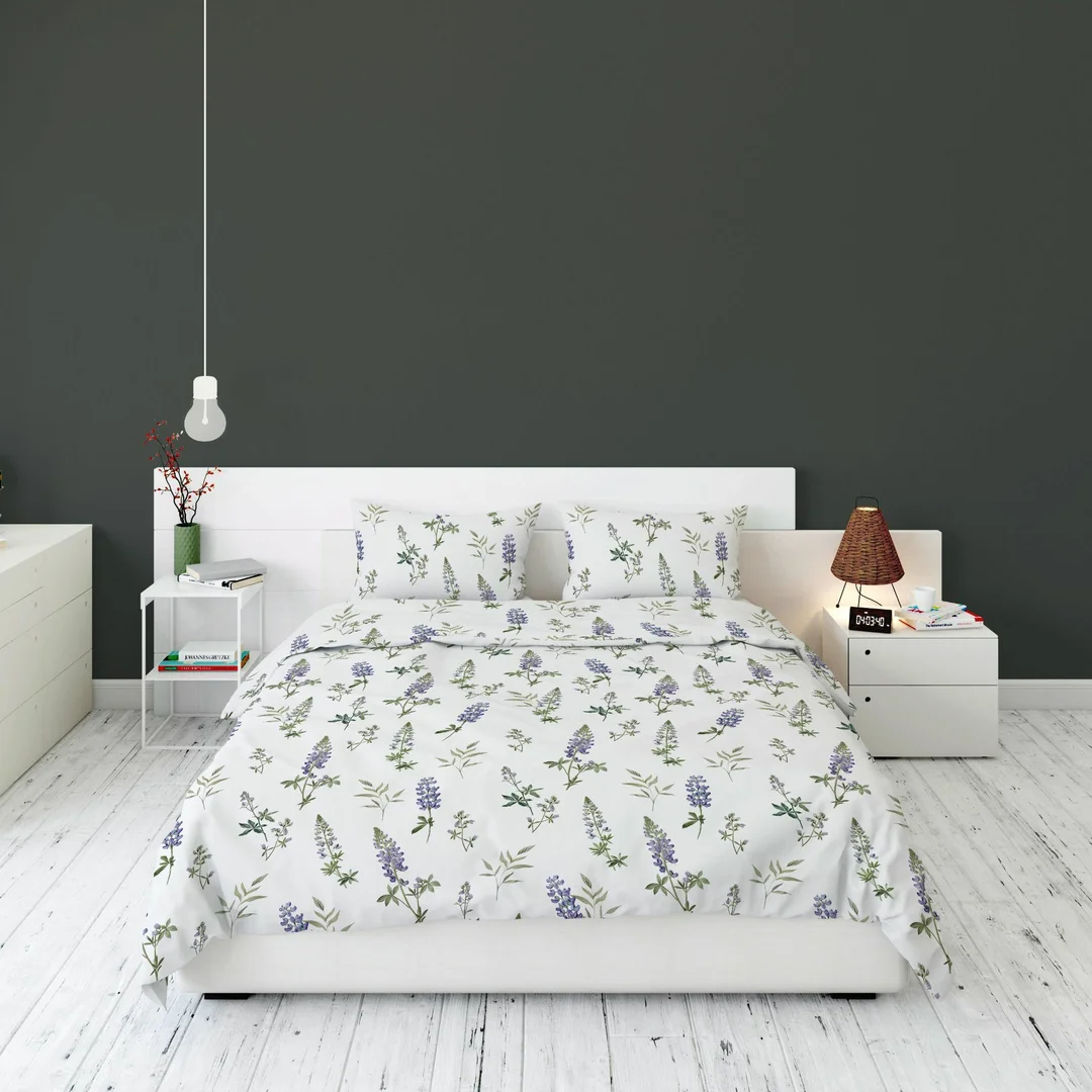 Pościel flanelowa 220x200 biała w fioletowy ciemny łubin - Pastel Flowers - 5628 B — zdjęcie 4