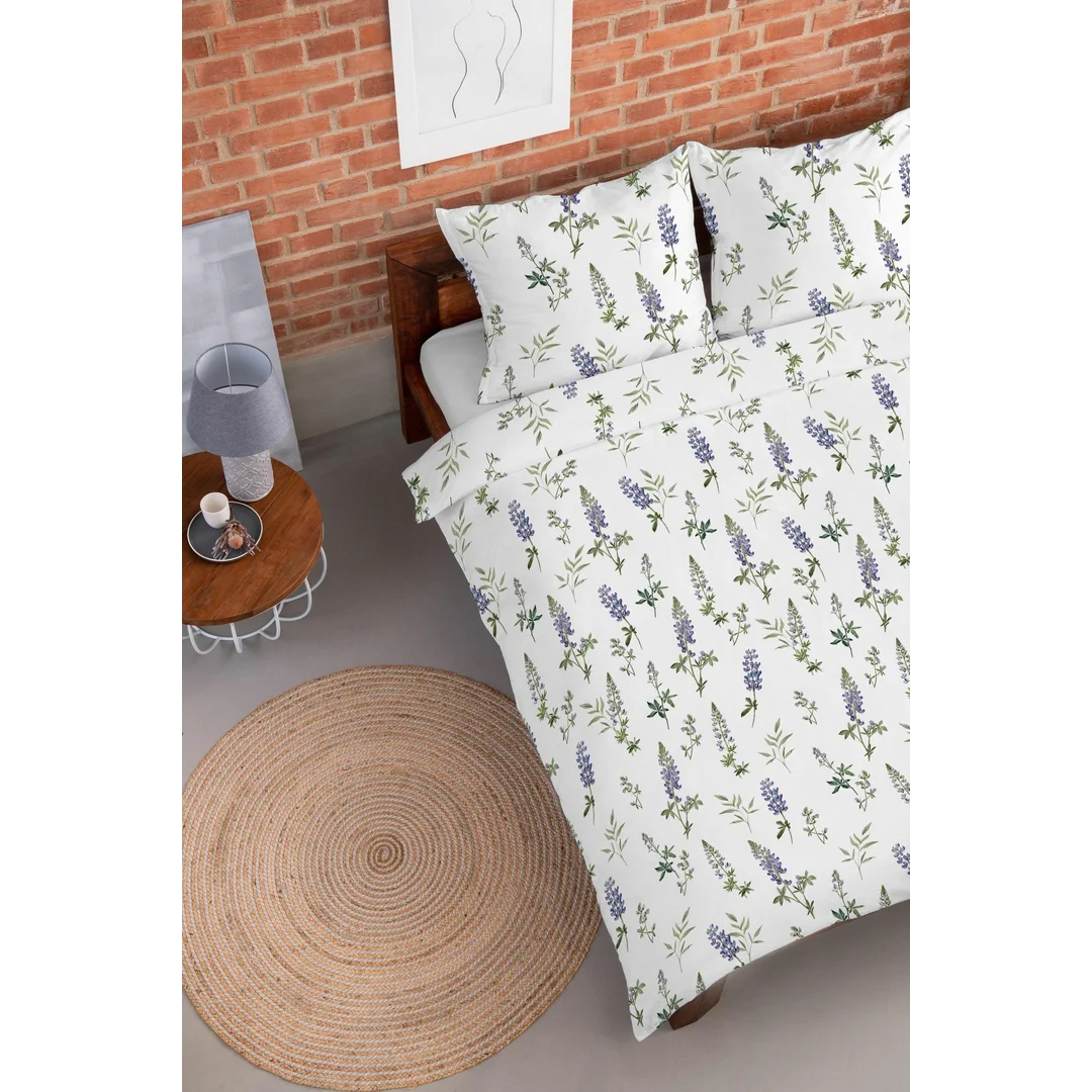 Pościel flanelowa 220x200 biała w fioletowy ciemny łubin - Pastel Flowers - 5628 B — zdjęcie 5
