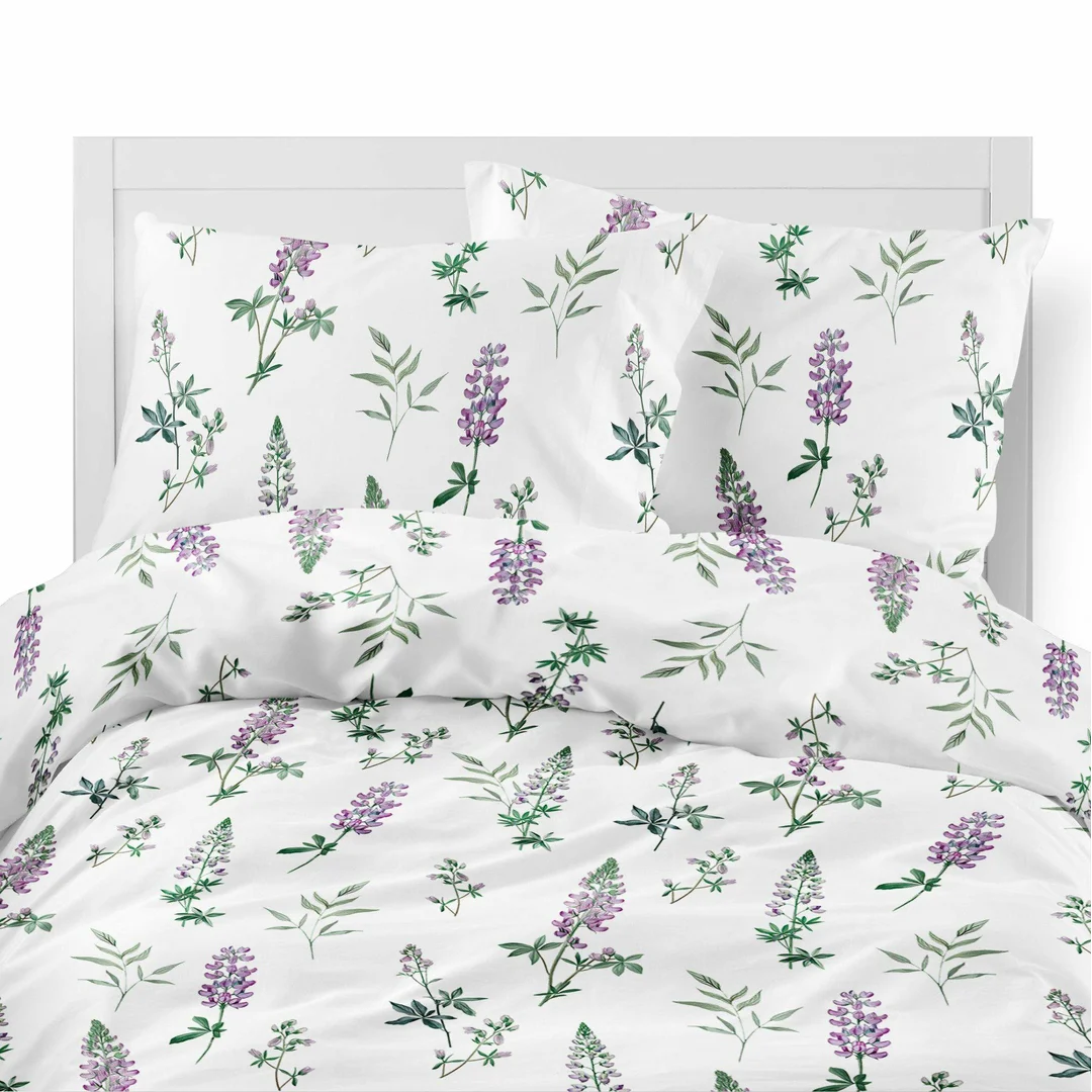 Pościel flanelowa 220x200 biała w fioletowy łubin - Pastel Flowers - 5628 A — zdjęcie 2