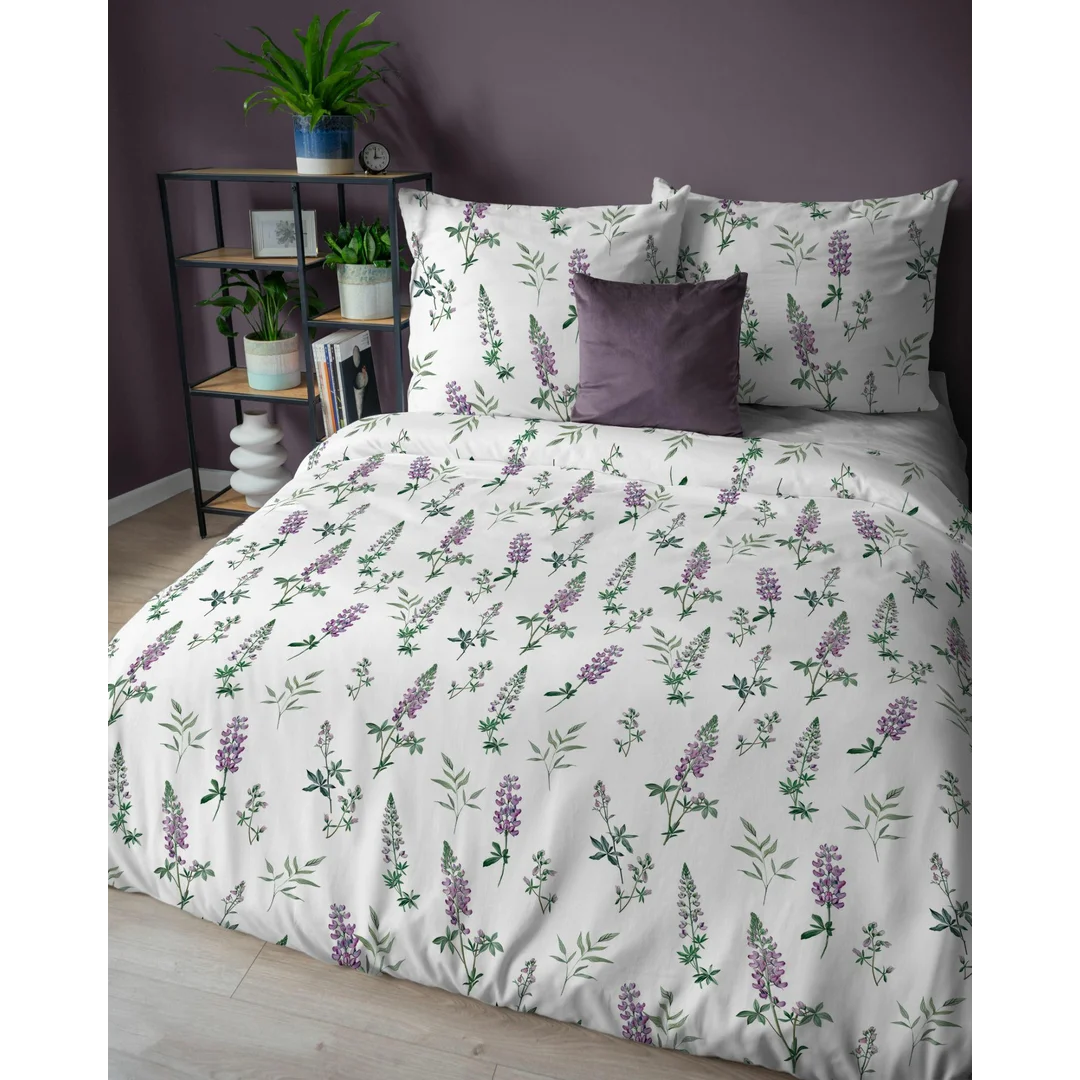 Pościel flanelowa 220x200 biała w fioletowy łubin - Pastel Flowers - 5628 A — zdjęcie 3