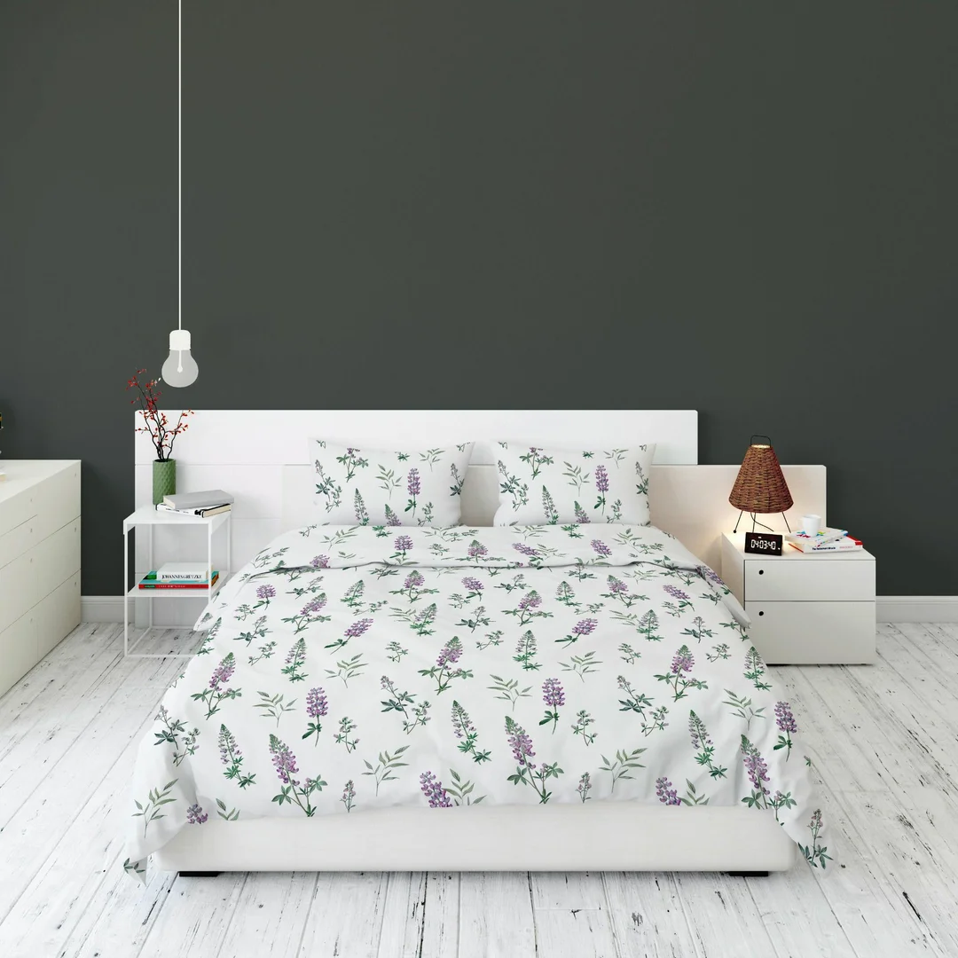 Pościel flanelowa 220x200 biała w fioletowy łubin - Pastel Flowers - 5628 A — zdjęcie 4