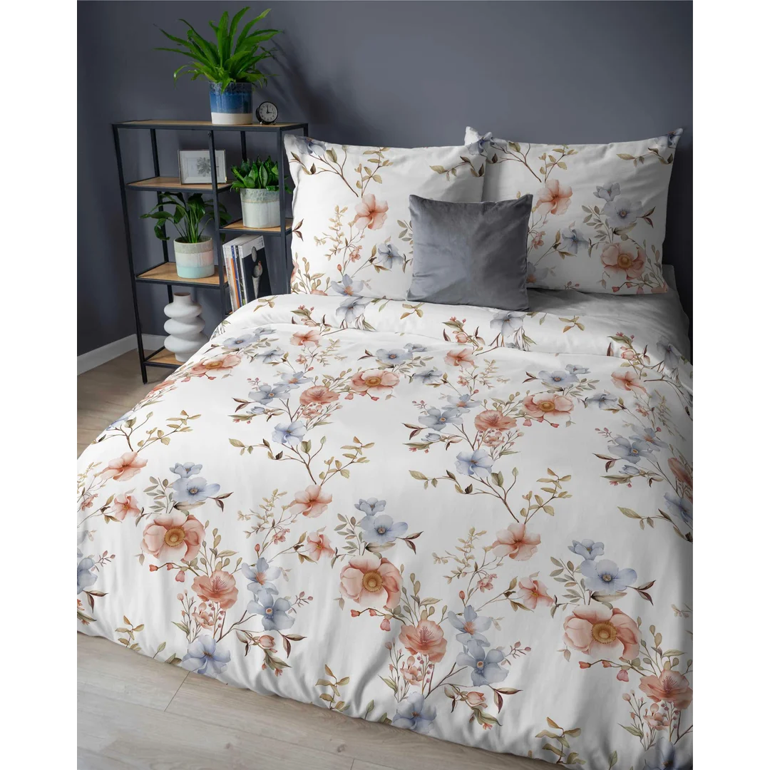 Pościel flanelowa 220x200 biała w kwiaty morelowe i niebieskie - Pastel Flowers - 5635 A — zdjęcie 3