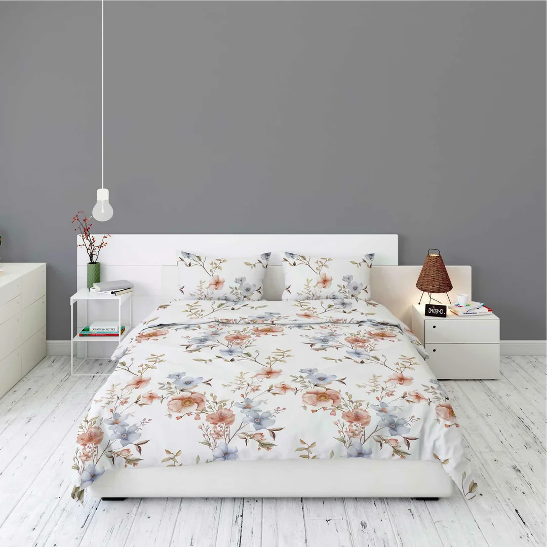 Pościel flanelowa 220x200 biała w kwiaty morelowe i niebieskie - Pastel Flowers - 5635 A — zdjęcie 4