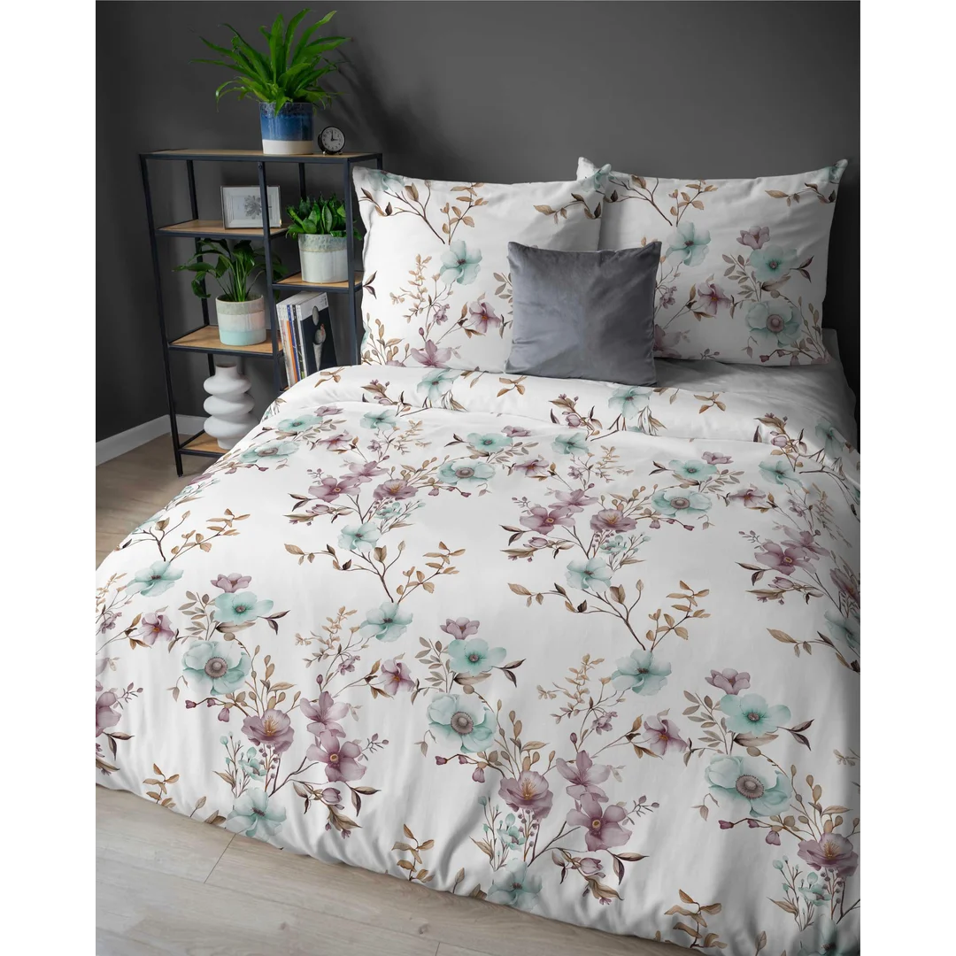 Pościel flanelowa 220x200 biała w kwiaty pudrowe i błękitne - Pastel Flowers - 5635 B — zdjęcie 3