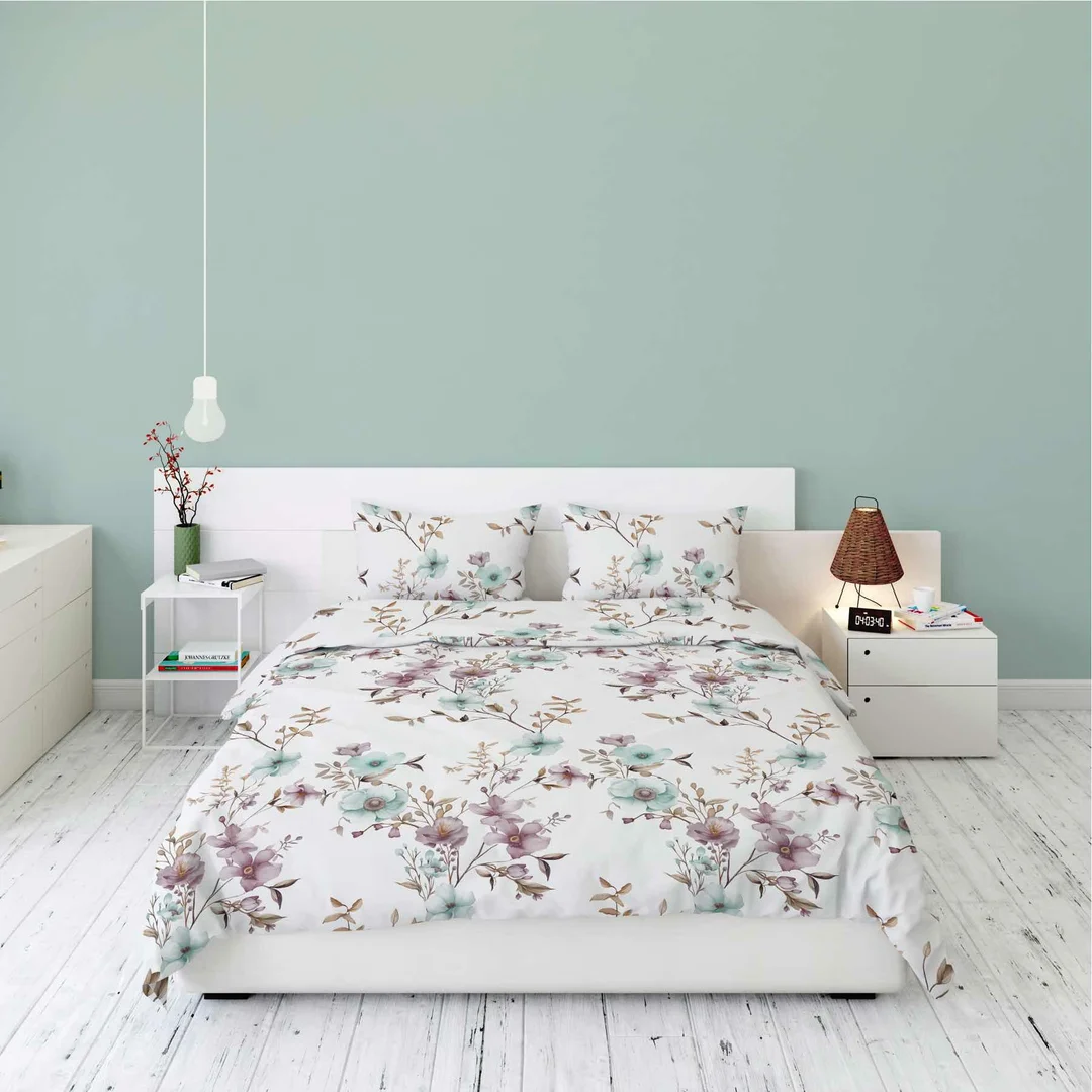 Pościel flanelowa 220x200 biała w kwiaty pudrowe i błękitne - Pastel Flowers - 5635 B — zdjęcie 4
