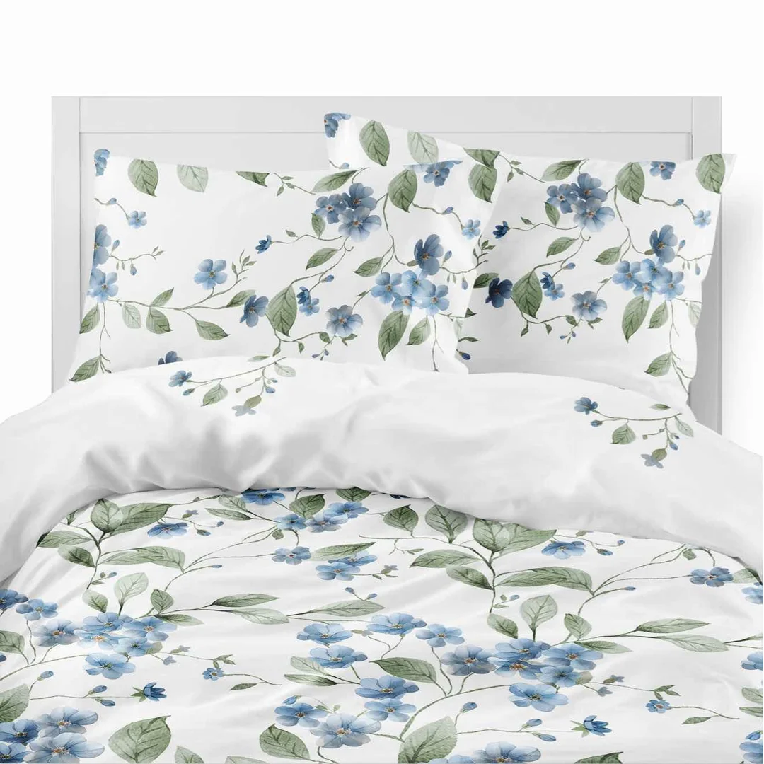 Pościel flanelowa 220x200 biała w niebieskie kwiaty - Pastel Flowers - 5626 A — zdjęcie 2