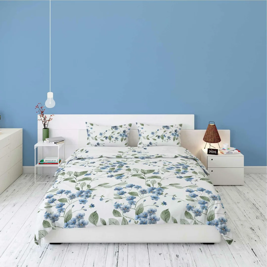 Pościel flanelowa 220x200 biała w niebieskie kwiaty - Pastel Flowers - 5626 A — zdjęcie 4