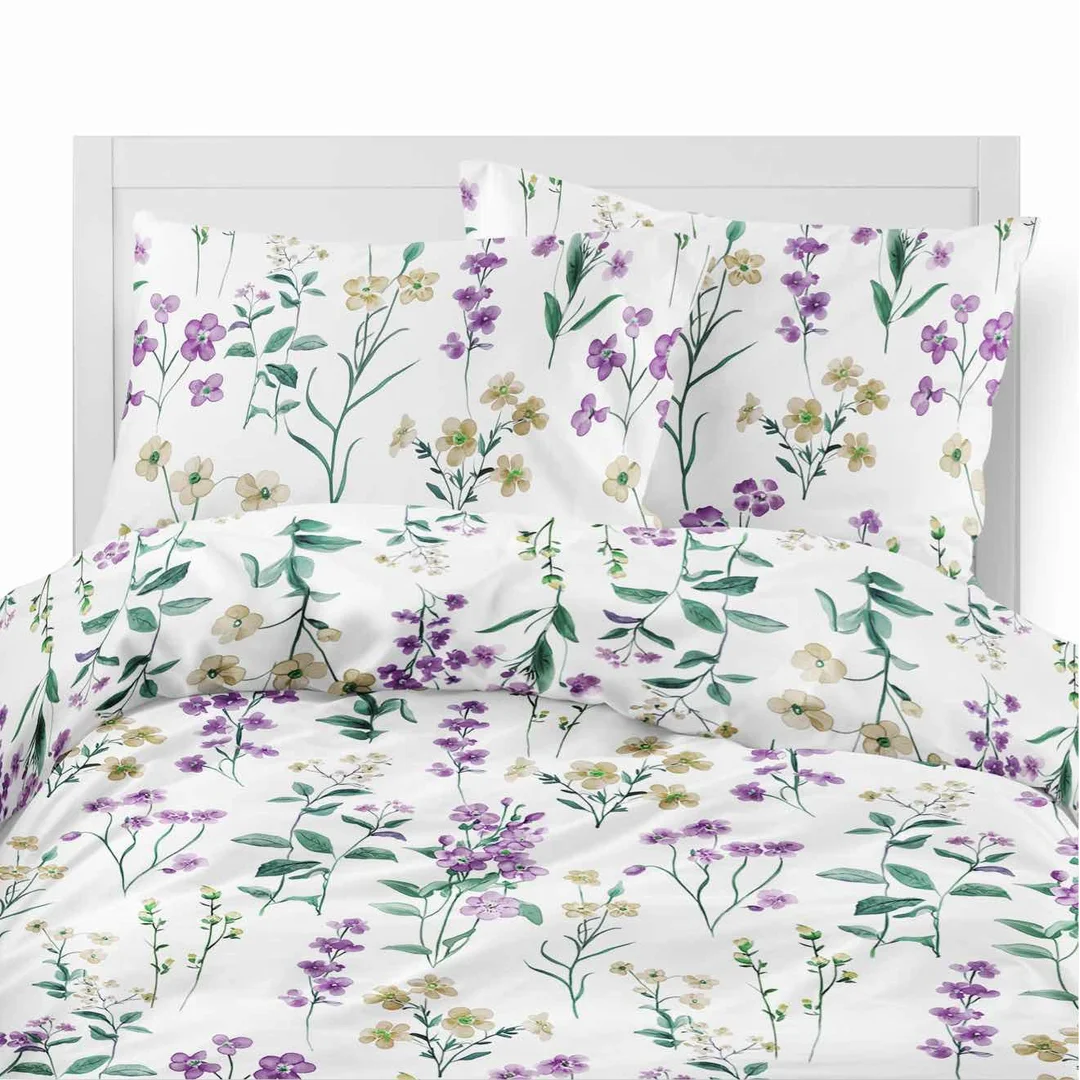 Pościel flanelowa 220x200 biała w polne kwiaty fioletowo-żółte - Pastel Flowers - 5634 B — zdjęcie 2