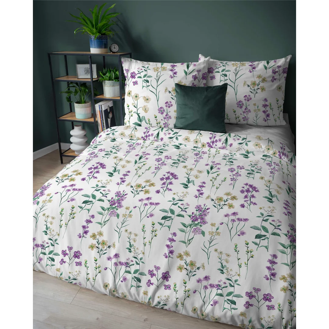 Pościel flanelowa 220x200 biała w polne kwiaty fioletowo-żółte - Pastel Flowers - 5634 B — zdjęcie 3