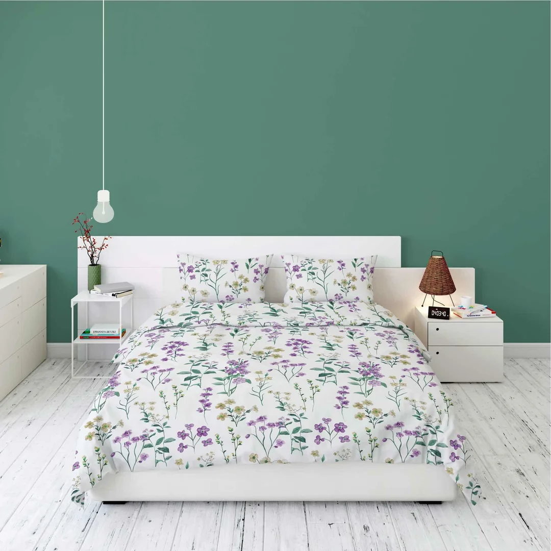 Pościel flanelowa 220x200 biała w polne kwiaty fioletowo-żółte - Pastel Flowers - 5634 B — zdjęcie 4