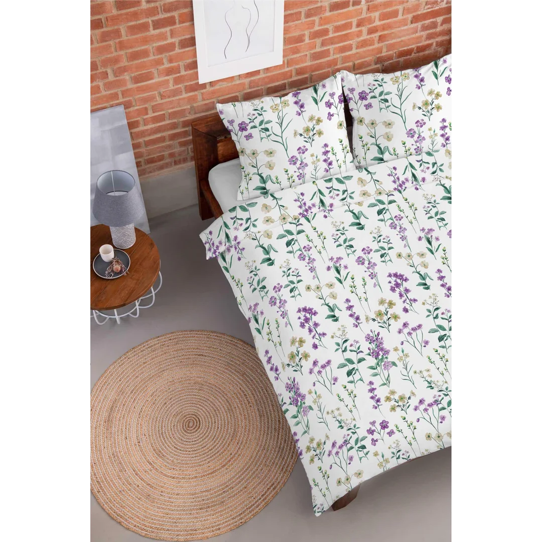 Pościel flanelowa 220x200 biała w polne kwiaty fioletowo-żółte - Pastel Flowers - 5634 B — zdjęcie 5