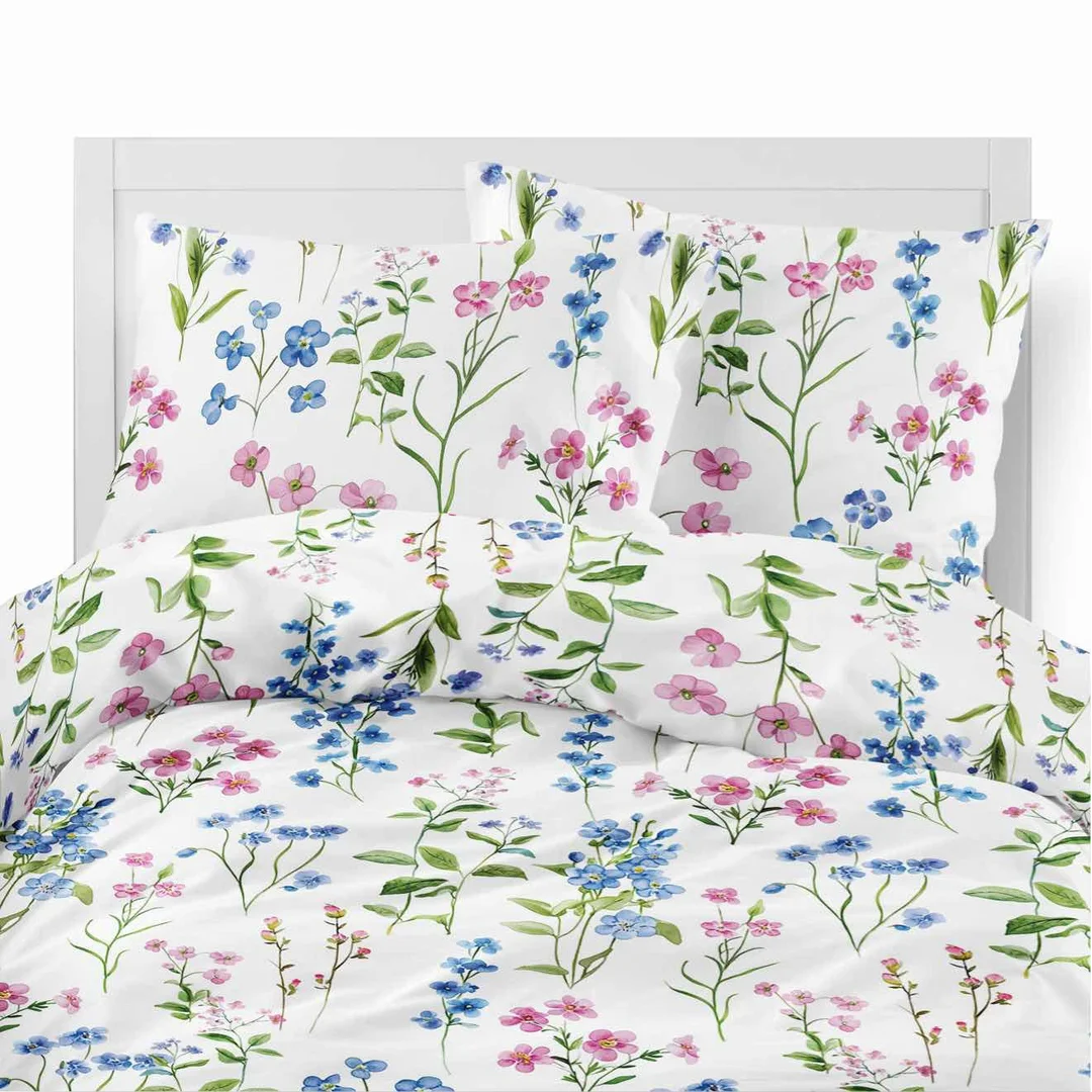 Pościel flanelowa 220x200 biała w polne kwiaty niebiesko-różowe - Pastel Flowers - 5634 A — zdjęcie 2