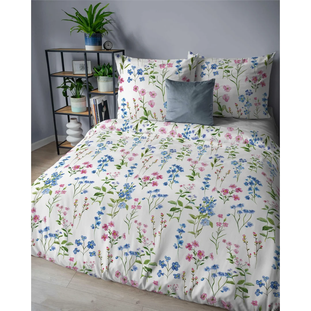 Pościel flanelowa 220x200 biała w polne kwiaty niebiesko-różowe - Pastel Flowers - 5634 A — zdjęcie 3