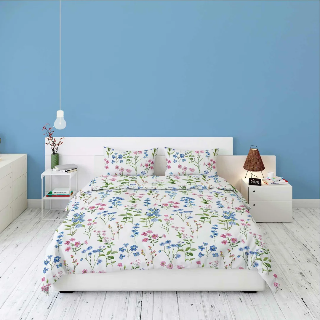 Pościel flanelowa 220x200 biała w polne kwiaty niebiesko-różowe - Pastel Flowers - 5634 A — zdjęcie 4