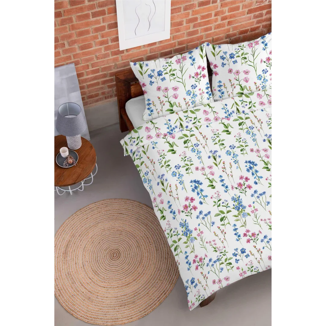 Pościel flanelowa 220x200 biała w polne kwiaty niebiesko-różowe - Pastel Flowers - 5634 A — zdjęcie 5