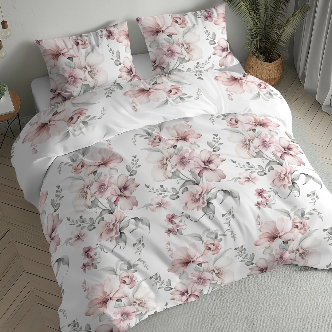 Pościel flanelowa 220x200 biała w pudroworóżowe akwarelowe kwiaty - 6041 B - Flanela 2026 — zdjęcie 2