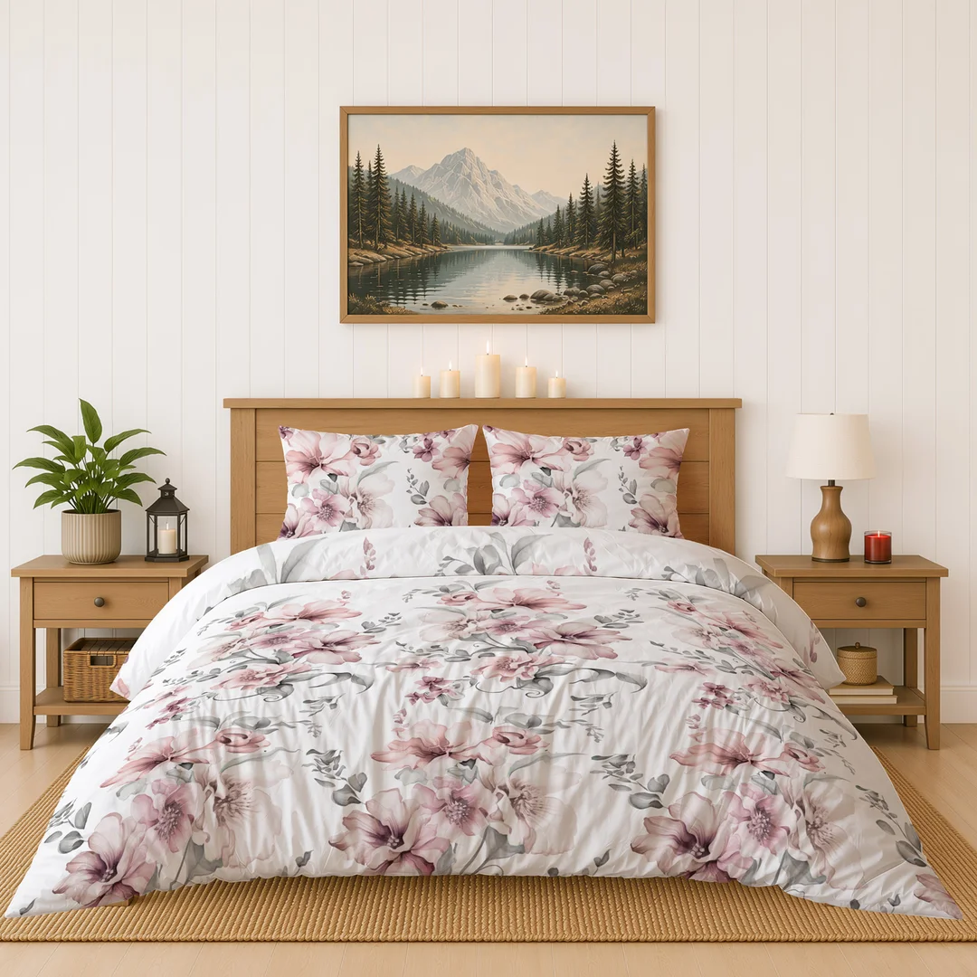 Pościel flanelowa 220x200 biała w pudroworóżowe akwarelowe kwiaty - 6041 B - Flanela 2026 — zdjęcie 3