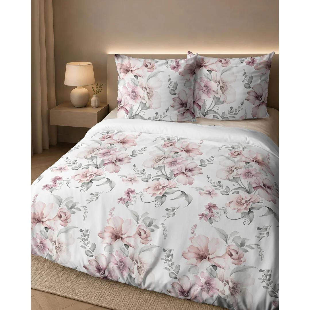 Pościel flanelowa 220x200 biała w pudroworóżowe akwarelowe kwiaty - 6041 B - Flanela 2026 — zdjęcie 7