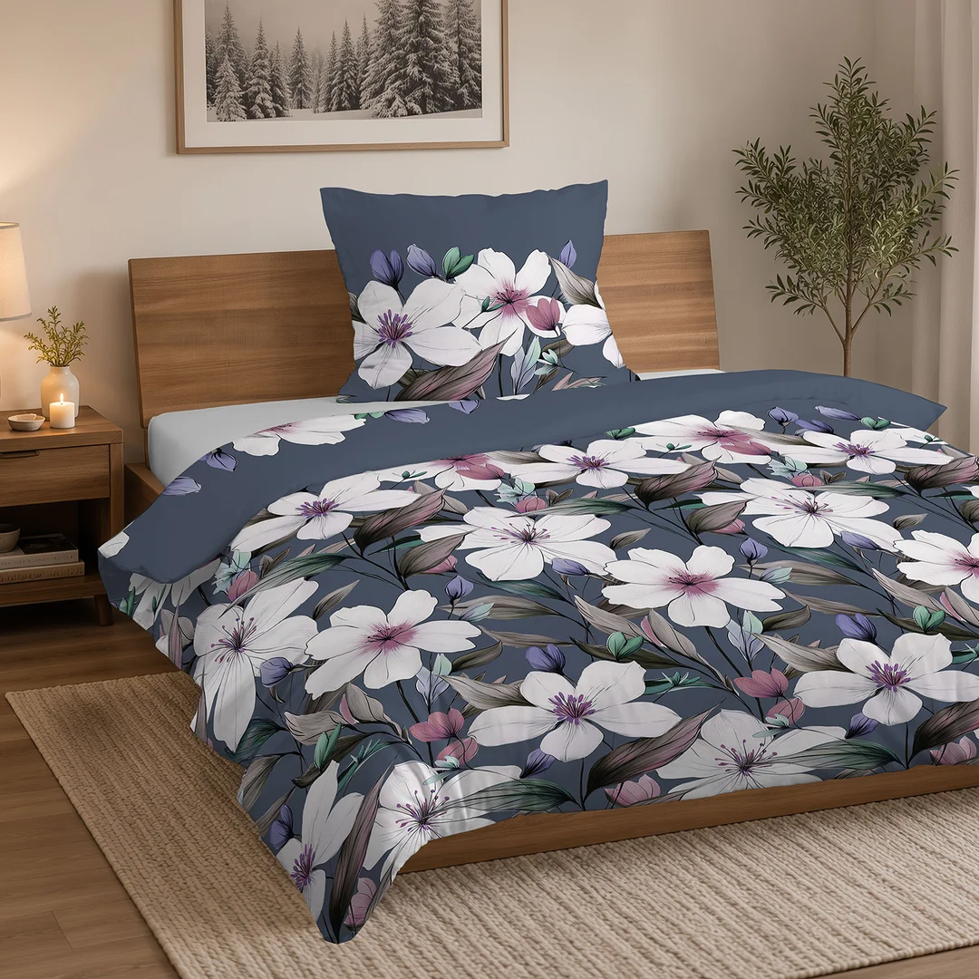 Pościel flanelowa 220x200 grafitowa w białe i różowe kwiaty - 6045 A - Flanela 2026 — zdjęcie 4
