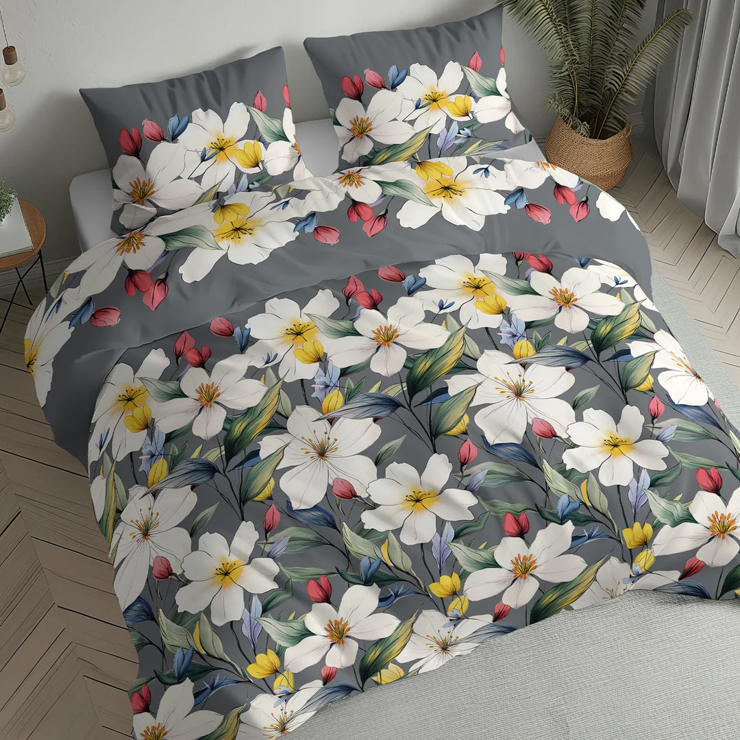 Pościel flanelowa 220x200 grafitowa w białe i żółte kwiaty - 6045 B - Flanela 2026 — zdjęcie 2