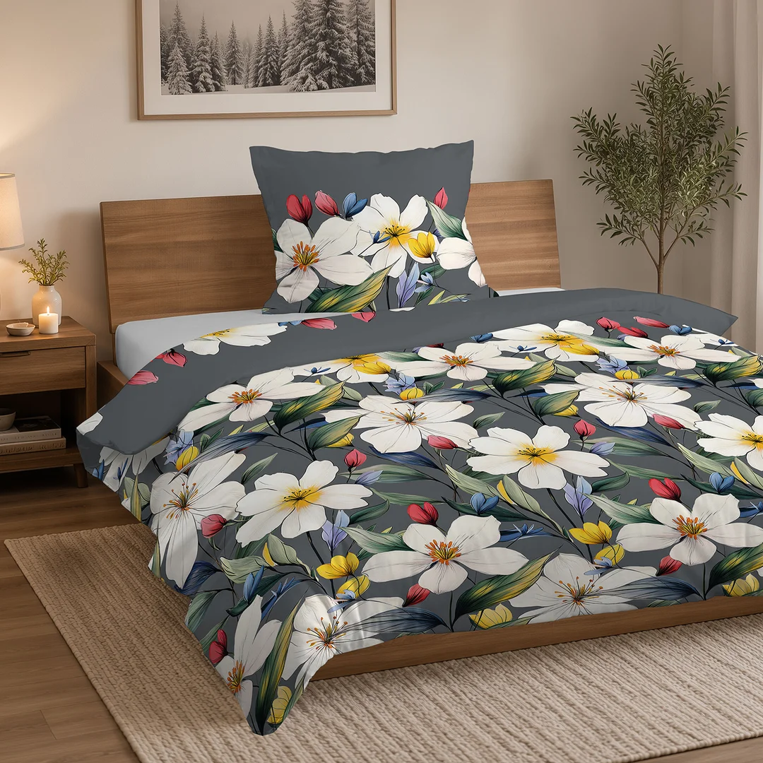 Pościel flanelowa 220x200 grafitowa w białe i żółte kwiaty - 6045 B - Flanela 2026 — zdjęcie 4
