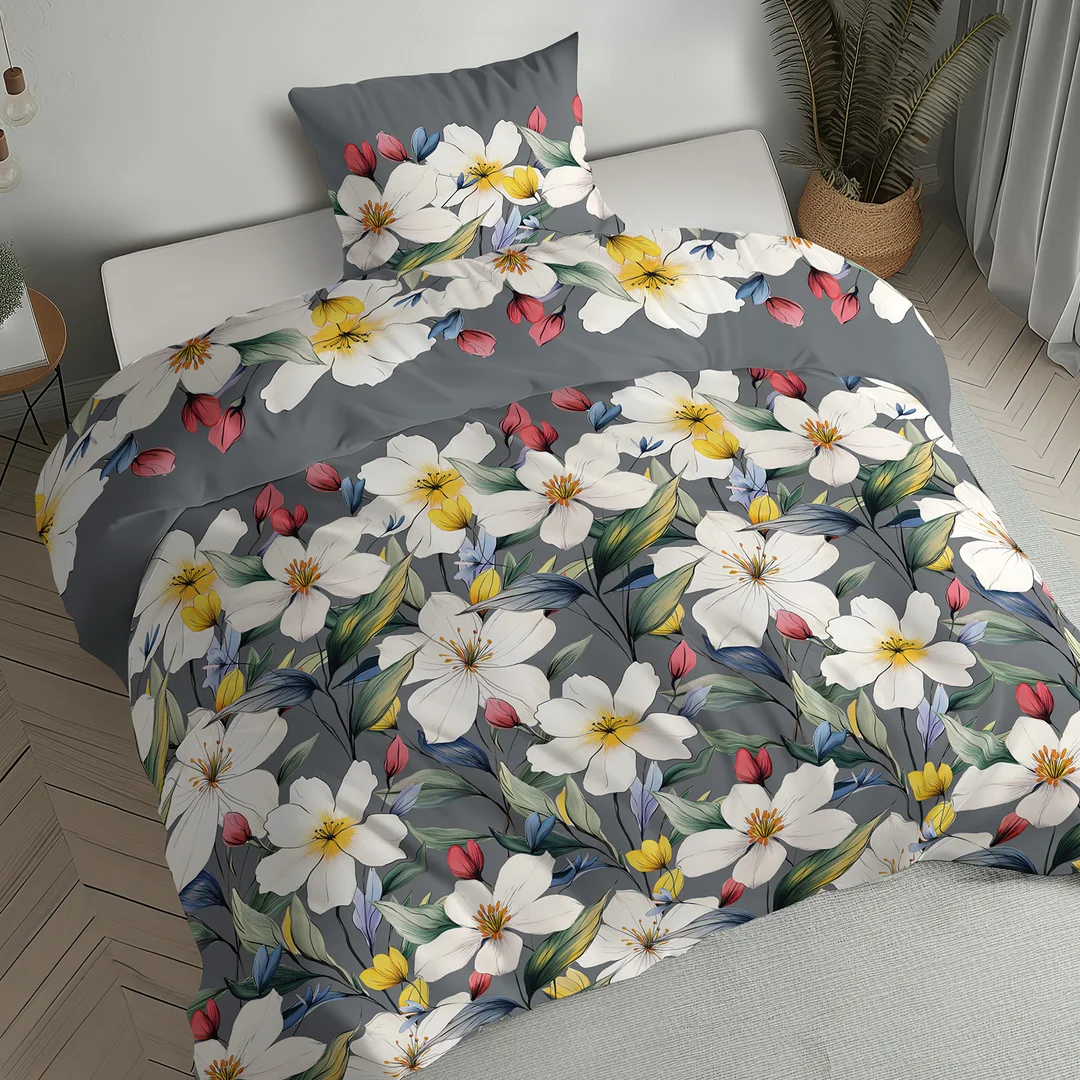 Pościel flanelowa 220x200 grafitowa w białe i żółte kwiaty - 6045 B - Flanela 2026 — zdjęcie 5