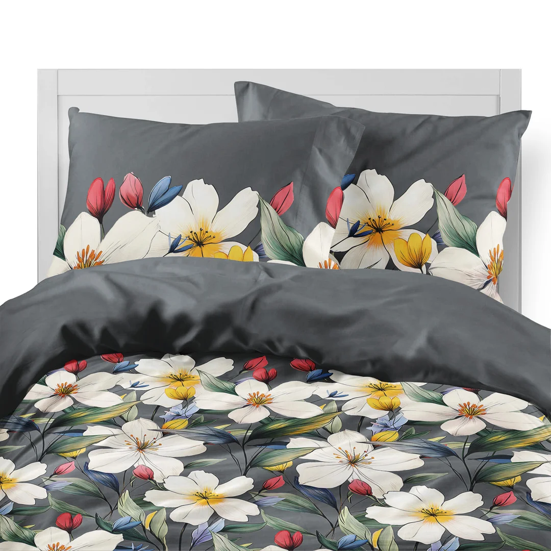Pościel flanelowa 220x200 grafitowa w białe i żółte kwiaty - 6045 B - Flanela 2026 — zdjęcie 6